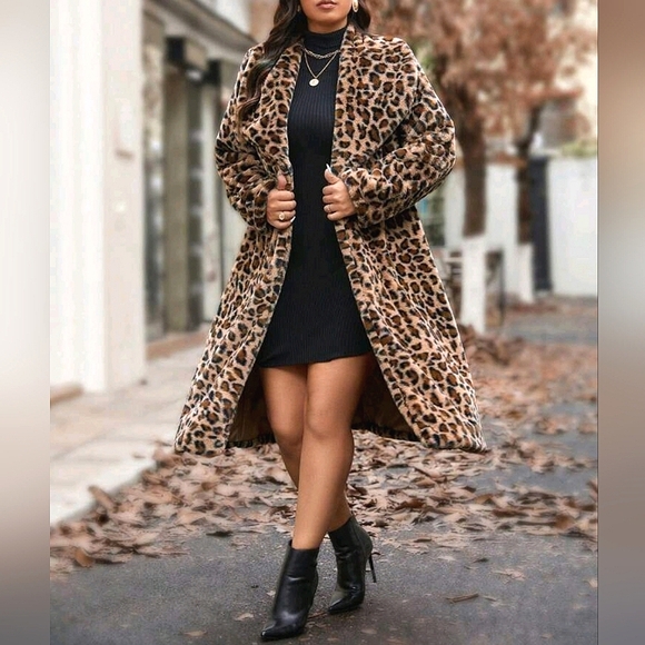 New Luxe Leopard Print Faux Fur Fluffy Coat Jacket PLUS Brown Black Tan - Picture 3 of 9